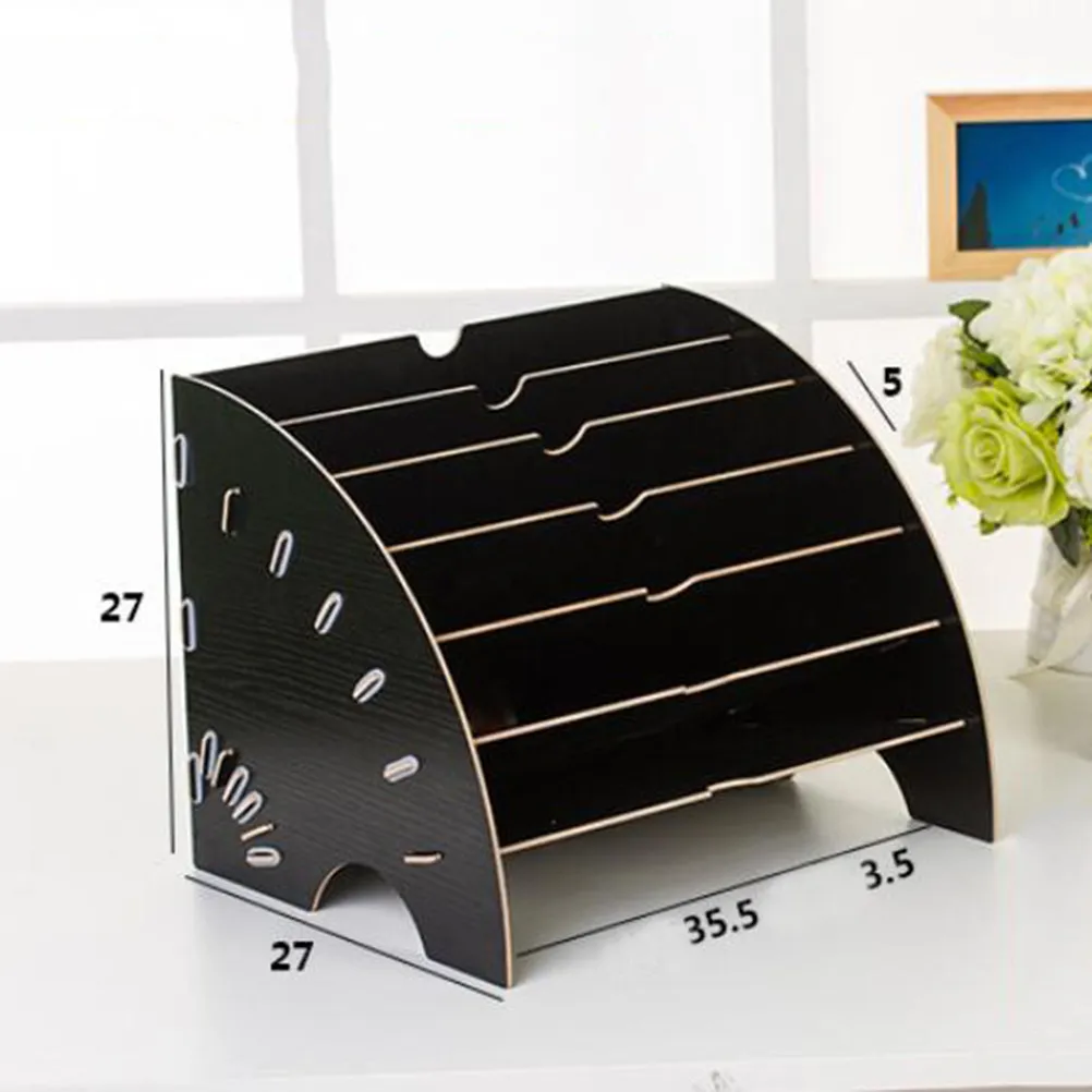 A4 Wooden File Storage Fan Shaped Desktop Document File Holder Multi-Layer Office Stationery Expanding Filing Rack Black 35x27cm