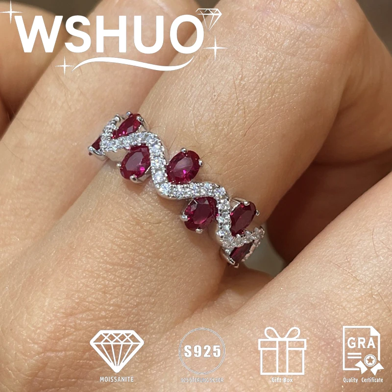 

WSHUO 100% S925 Silver Open Ring 2CT Oval Cut Laboratory Cultivated Ruby Wave Ring for Women Wedding Party Fine Jewelry Gift