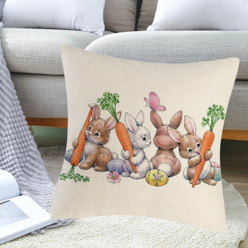 Happy Easter Pillow Cover Linen Bunny Flower Chick Egg Pillowcase Cushion Covers New 2024