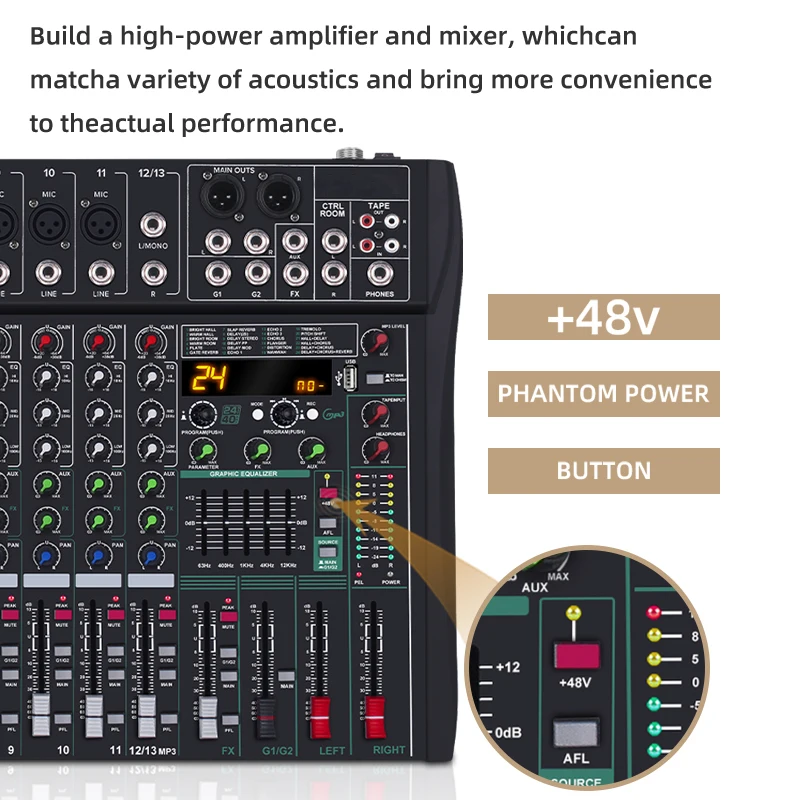Power Plastic Metal Construction for Studio Live Stage RF120 13-Channel Professional DJ Mixer Controller 24 DSP +48V Phantom