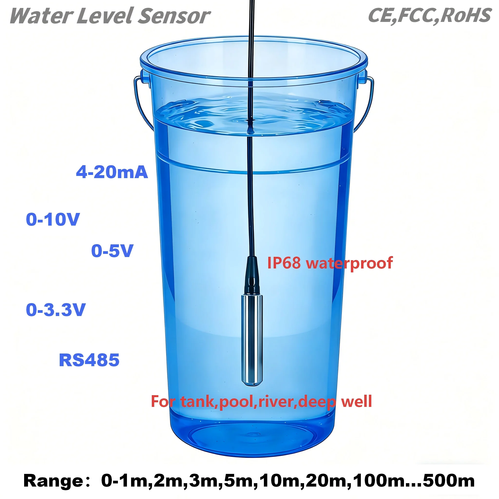 5m to 4-20mA Submersible Water Level Sensor Transmitter IP68 2m 3m 10m to 0-10V RS485 0-3.3V Output Liquid Pressure Transmitter