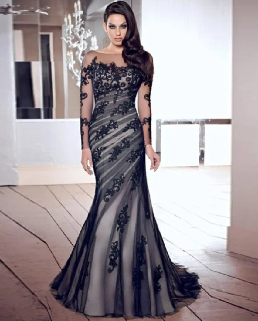 Lace Illusion Boat Neck Applique Tulle Long Sleeves Mother Party Gowns On Sale Charming Mermaid Mother Of The Bride Dresses