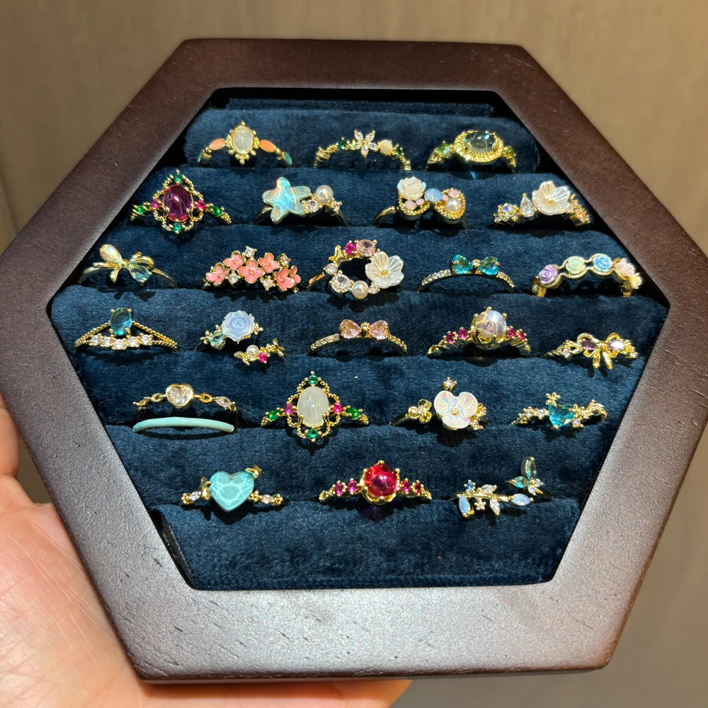 Vintage Vergoldeter Verstellbarer Offener Ring für Damen, Bunter Kristall-Muschel-Blumen-Herz-Zirkon-Fingerring, Süßer Party-Schmuck Geschenk