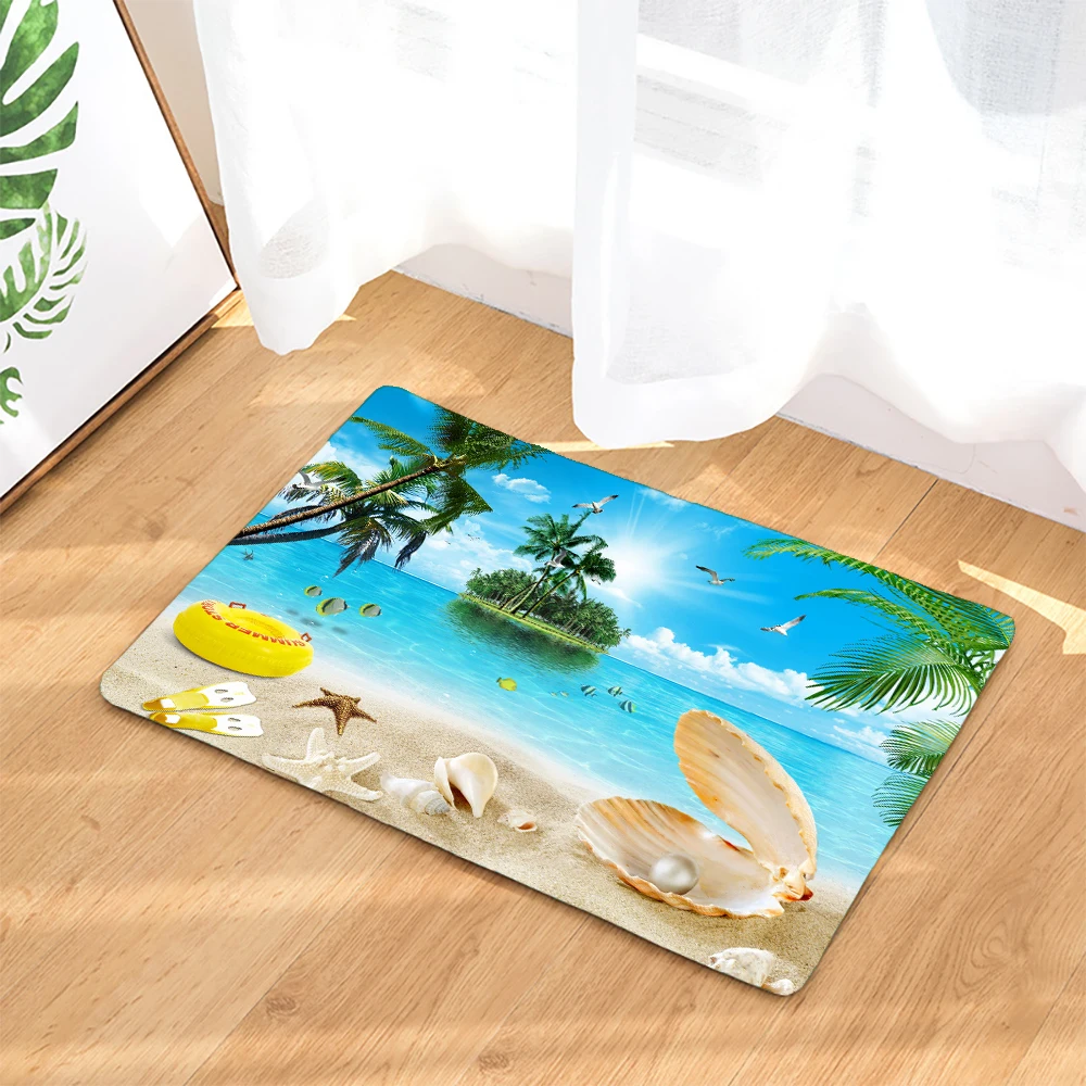 Sea Beach Palm Tree Scenery Decoration Kitchen Door Mats 40x60 Flannel Carpet Doormat Indoor Floor Bathroom Anti-Slip Rug