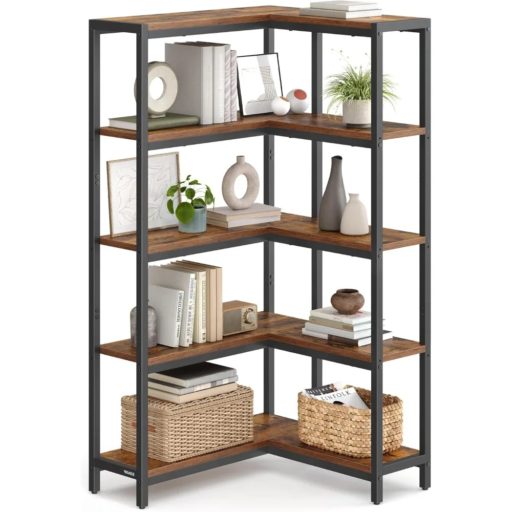 

Convertible 5 Tier Corner Bookshelf Metal Frame Rustic Brown Black for Living Room Bedroom Office