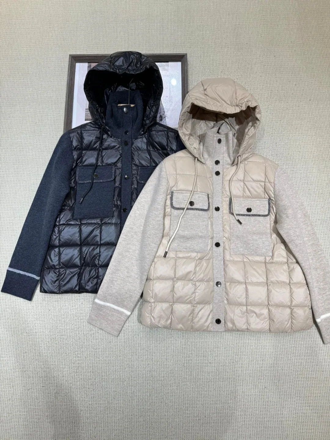 Chaqueta con capucha de plumón de pato para mujer, abrigo de punto de lana de Color de contraste, manga larga, botonadura única, informal, cálido, Otoño e Invierno