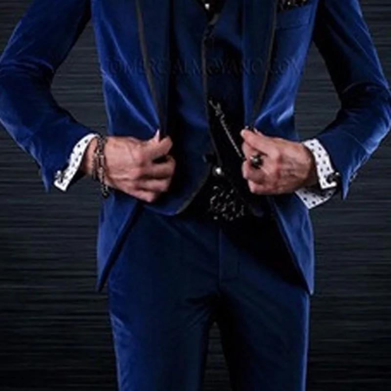 Royal Blue Velvet Groom Tuxedos for Wedding Men Suits 3 Piece Male Fashion Dinner Wear Jacket with Pants Vest 2023 Male Costume