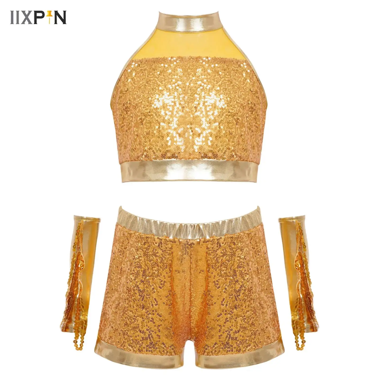 

Kids Girls Latin Jazz Dance Costume Sleeveless Keyhole Back Glittery Sequin Tank Crop Top+Shorts+1 Pair Tassels Gloves 3Pcs/Set
