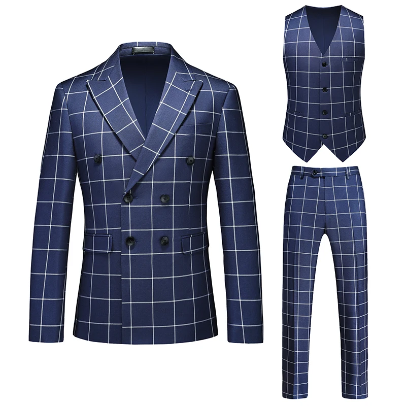 2025 패션 슬림 싱글/더블 브레스티드 웨딩 수트 (남성용), 멀티 컬러 체크 무늬 연회 남성 블레이저 세트 (3피스)