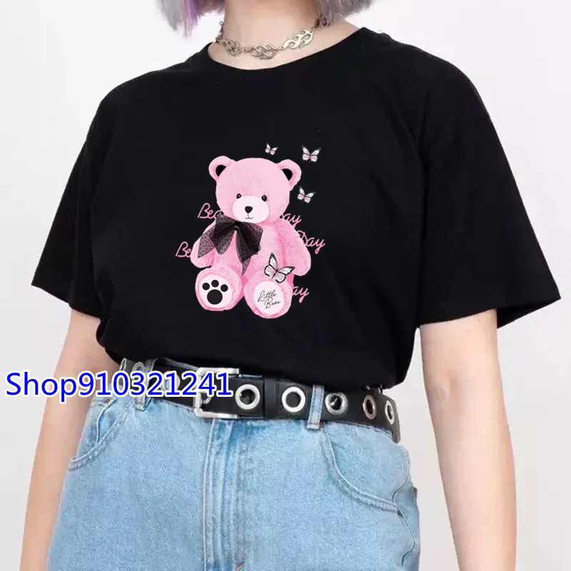 Women Pocket Teddy Bear T-shirt Tees Female Oversized Fashion Summer Short Sleeve Cartoon Print Graphic Cute Clothes Tops