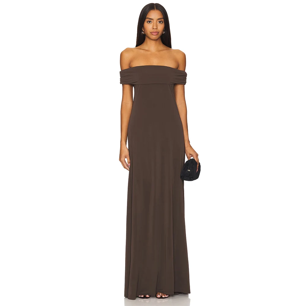 

2024 Classic Special Occasion Dresses Spandex Sheath Formal Evening Dress Brown Off-the-shoulder Backless Draped Prom Gown Maxi