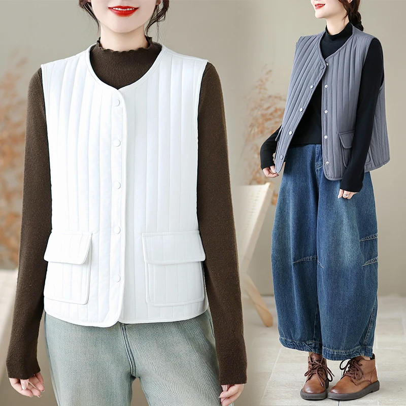 

Women's round Ne Svel Jaet Single Button Vertical Stripes Faionable Vest Autumn Winter New Sle Versatile Coat