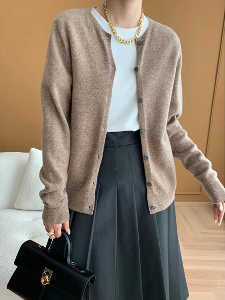 [LANMREM] Knitting Cardigan Sweater For Womrn Solid Round Neck Long Sleeve Office Lady Fit Fashion Top 2024 Autumn New 26C182