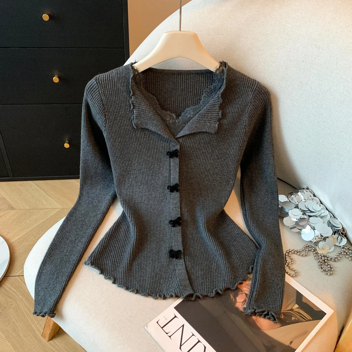 Herbst Winter Spitze Spleißen Gestrickte Top frauen Ele Maturi Aosphere Einzigartige Kleine Fraance Sle Lange Sve V-Ne S...