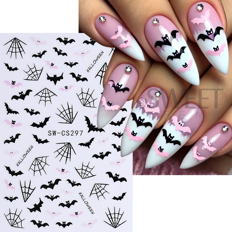 2 Stück Halloween-Nagelkunst-Aufkleber im dunklen Stil mit Skelett-Handabdruck, Spinnennetz und Fledermaus-Design, Nagelsticker für DIY-Maniküre-Dekoration. – Detail 4