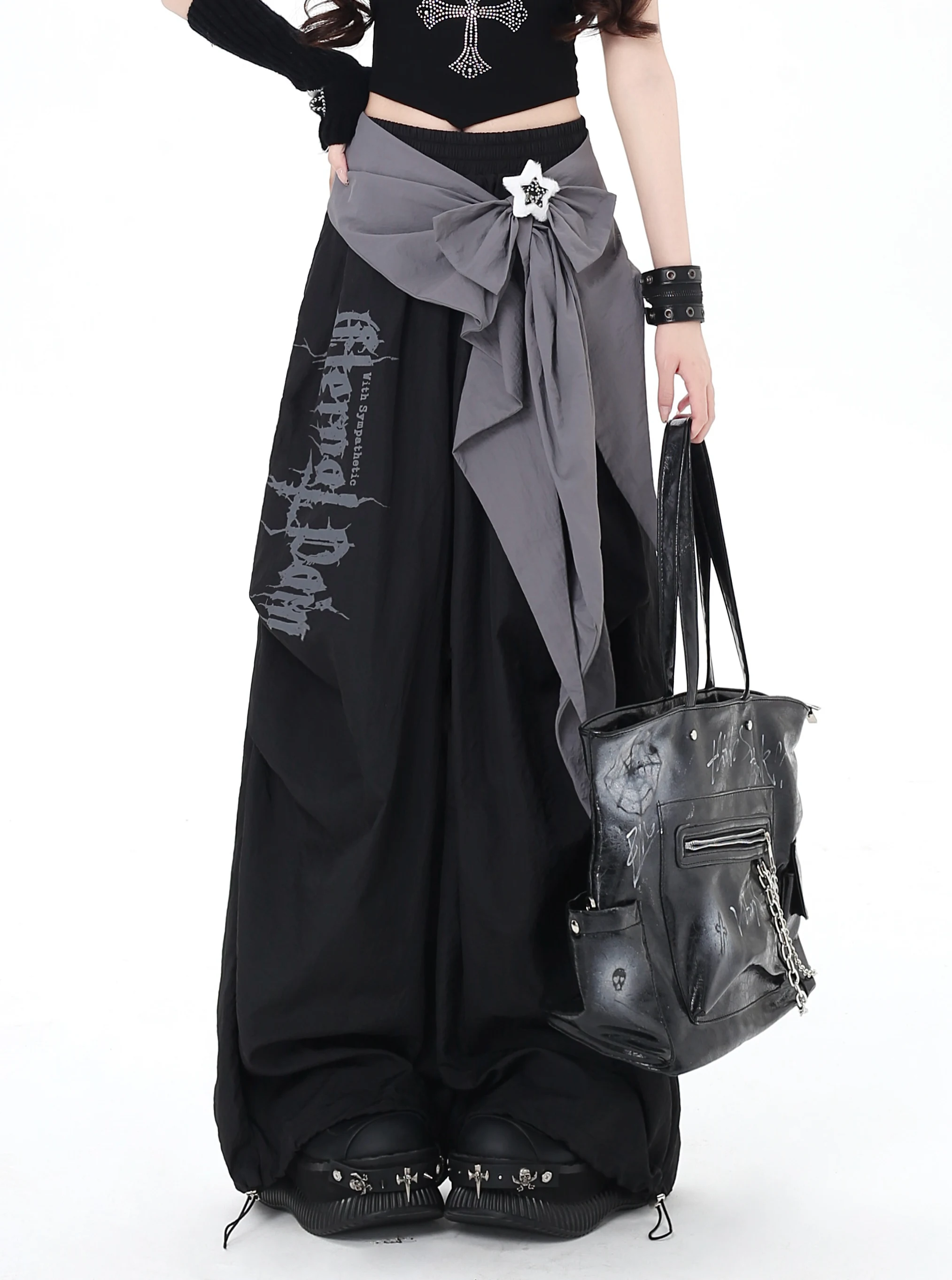 Original Fashion Streetwear Subculture Sweet Cool Girl Cargo Pants Elastic High Waist Bow Loose Wide Leg Long Sweatpants Women