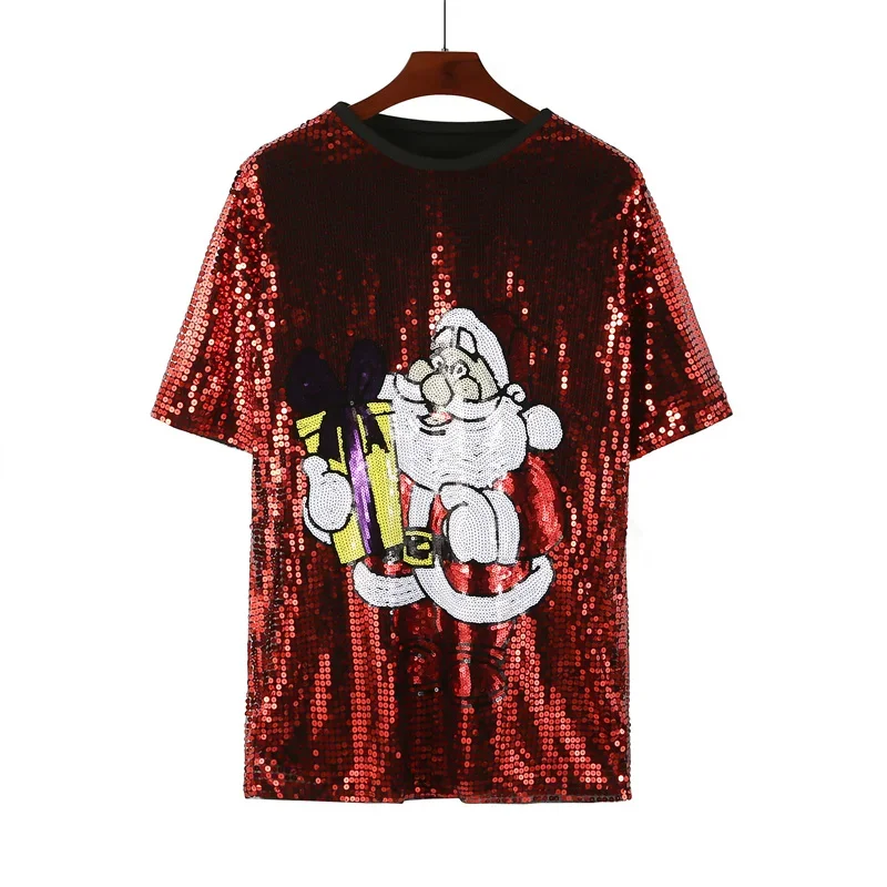 

Summer New Female Sequins Streetwear Cartoon Short Sleeve T-Shirt Round Neck Hip Hop Straight Night Club Fashion Women's Top