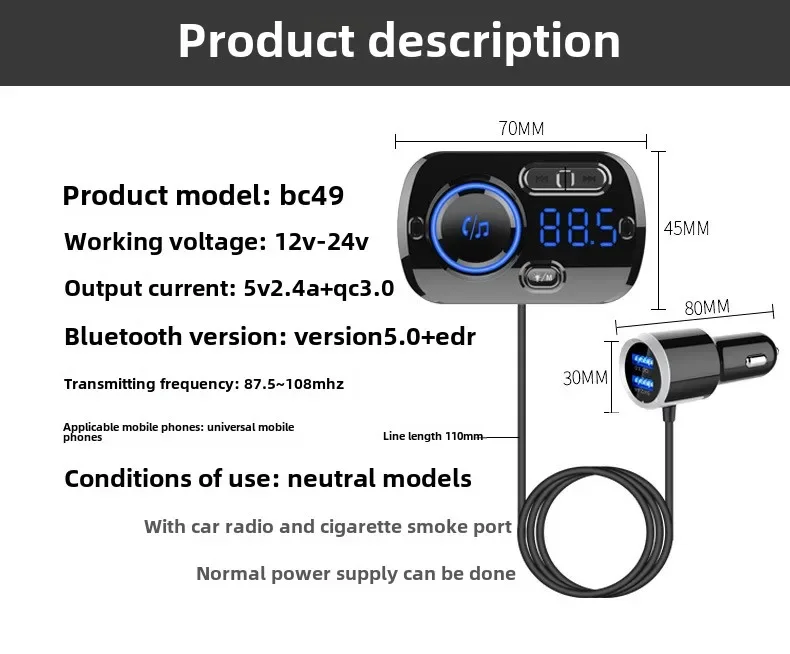 Useful BC49BQ Popular QC3.0 Fast Charging Car Bluetooth MP3 Player, FM Transmitter with Hands-Free Call & Colorful Ambient Light