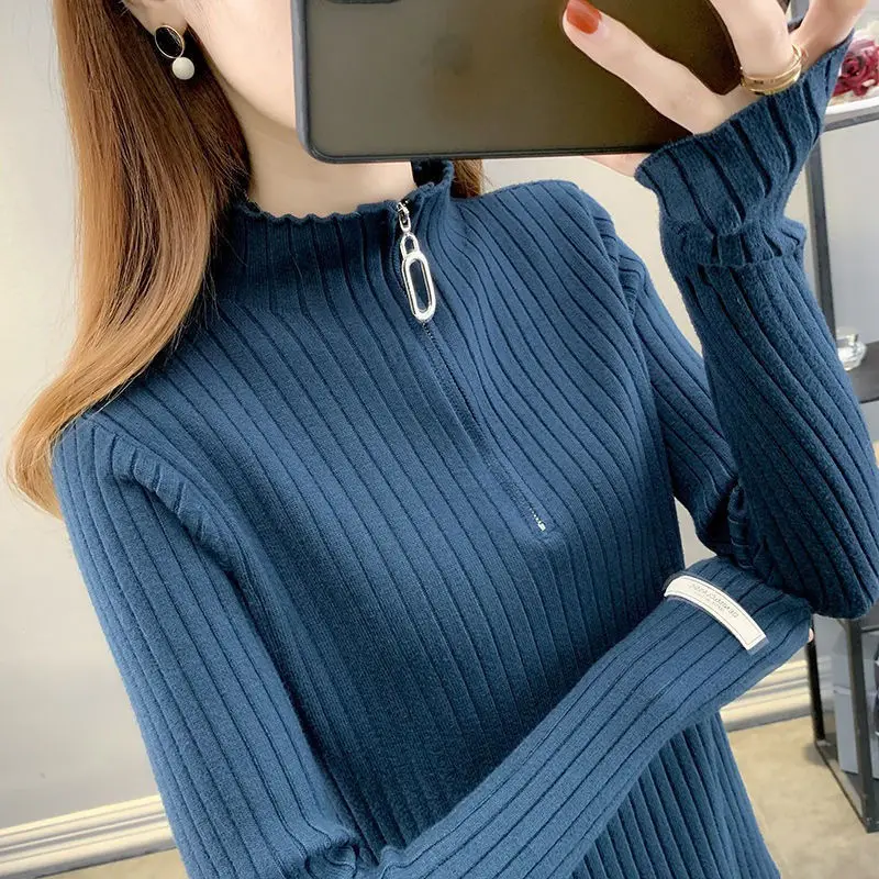 Women's Autumn and Winter New Slim Fit Sweater with Zipper Inside Half High Neck Knitted Sweater Short Top