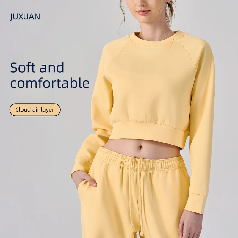Women Round Neck Waist-length Sweatshirt Sports Tops Long Sleeve Loose Outdoor Yoga Fitness Workout Casual Top