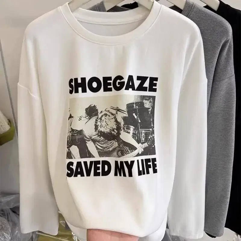 

Женская футболка с длинным рукавом и принтом американских букв, осень-зима, модный свободный топ с круглым вырезом, фигурный топ