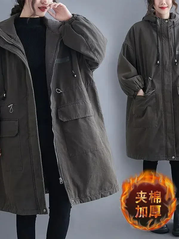 أزياء الشتاء الجديدة للمرأة أسفل سترة قطن فضفاضة التنقل مقنعين ملابس العمل المتضخم