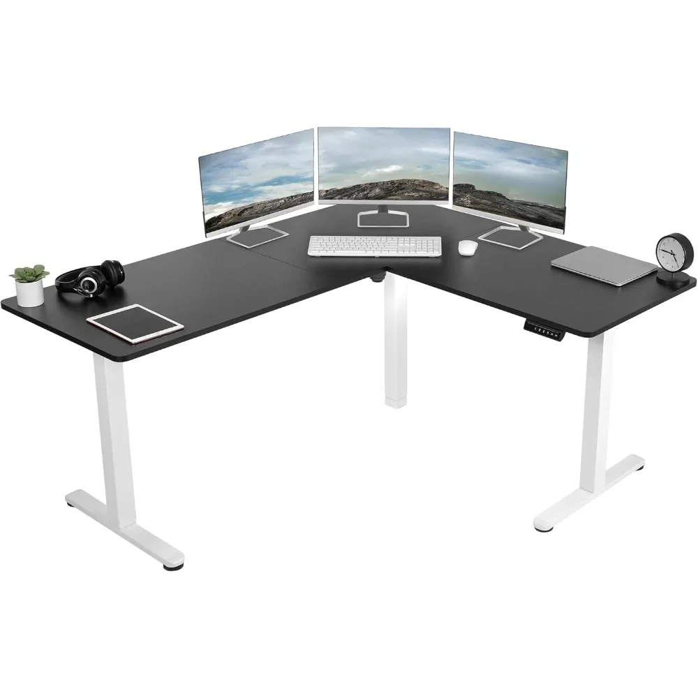 Electric Corner L-Shaped 63 x 55 inch Standing Desk, Height Adjustable, Memory Controller, Black Top White Frame