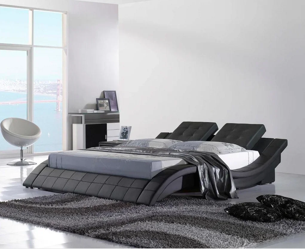 S Shape Led Light Bed King Size Leather Bedroom Furniture With Speaker Tufted Upholstered Bed