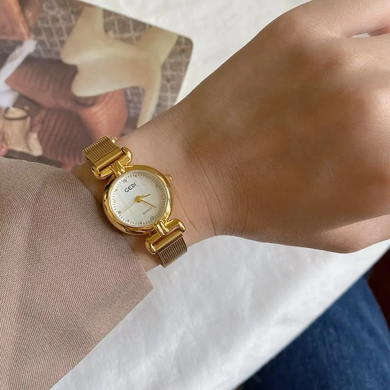 New Luxury Mesh Strap Gold Watch, Round Small Dial Women'S Watch, Compact And Exquisite Design, Fashionable Quartz Wristwatch.