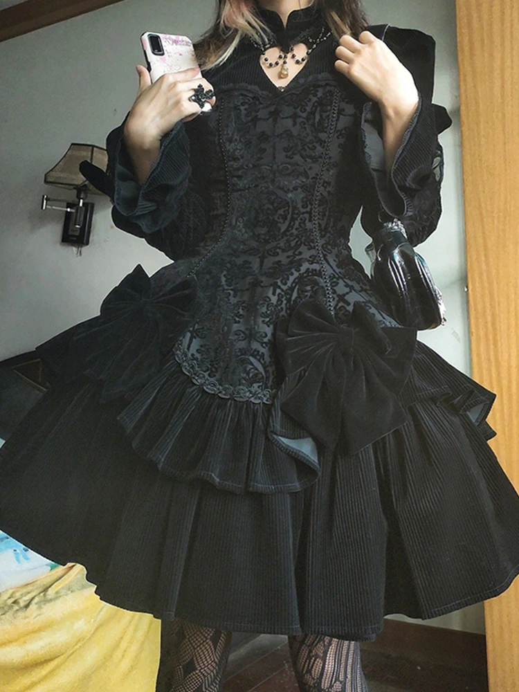 Vestido de Lolita gótico de manga comprida feminino, Jacquard clássico, Escuro, Outono, Inverno, 2023