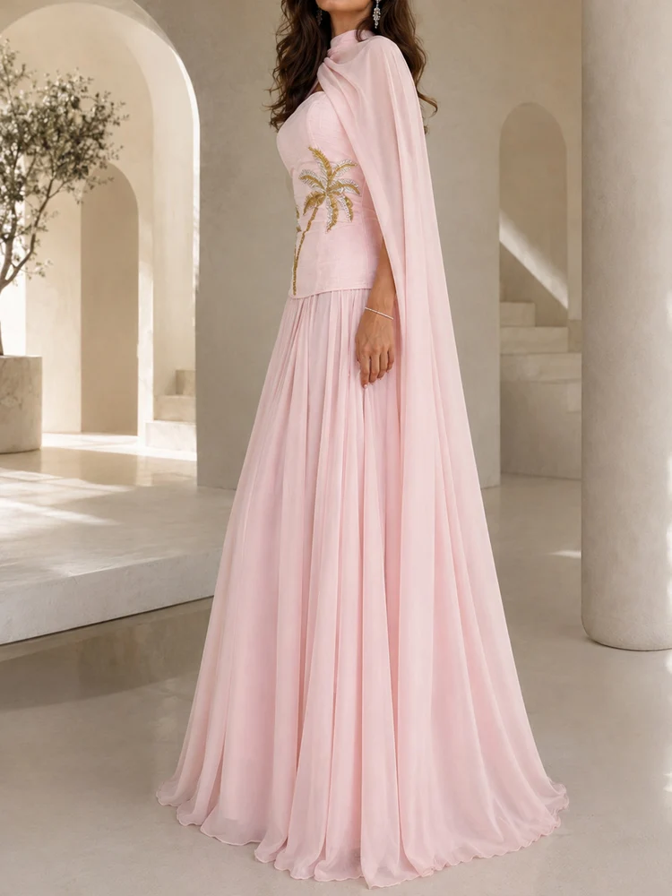 Sexy trägerloses, hochtailliertes, plissiertes Brautjungfernkleid, lässiges, einfarbiges Swing-Partykleid, rosa Schal, schmal geschnittenes langes Damenkleid