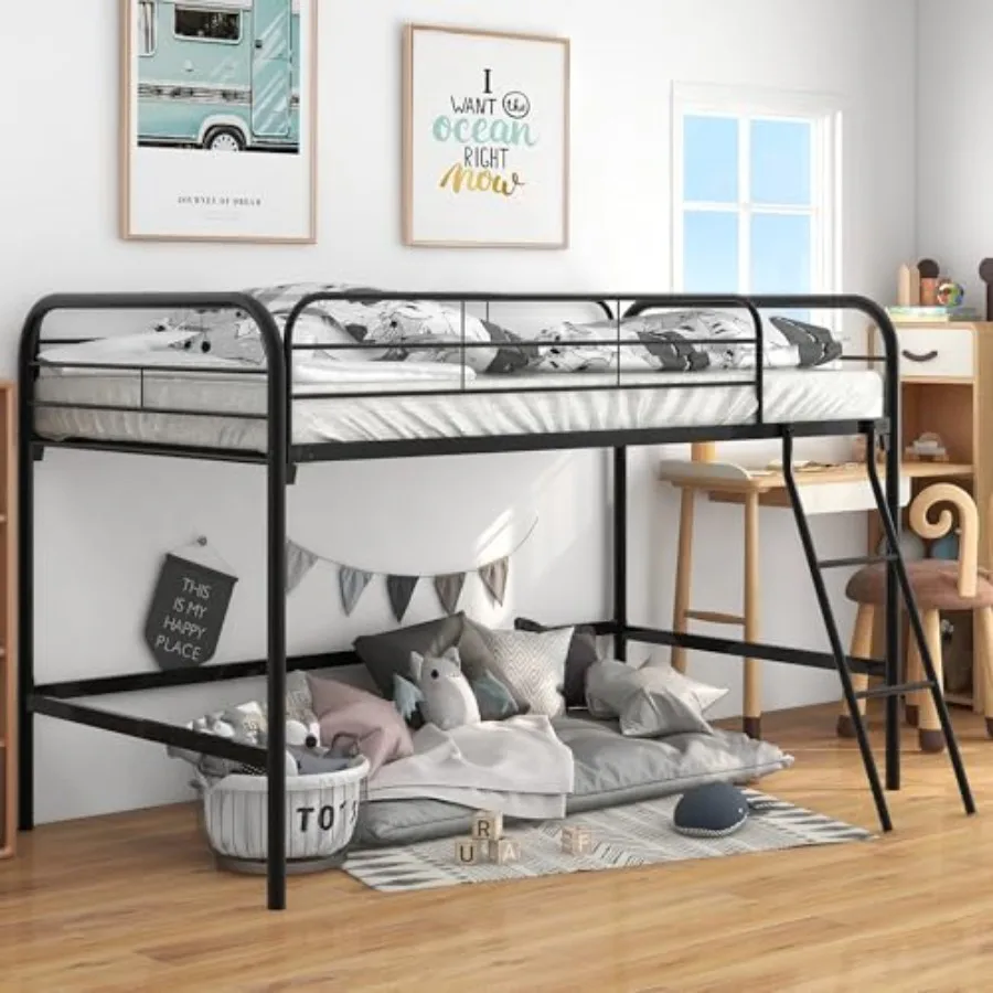 

Twin Size Low Loft Bed with Inclined Ladder for,Loft Bed Twin Size, Metal Loft Bed Frame for Boys Girls, Junior Low Loft Bed, S