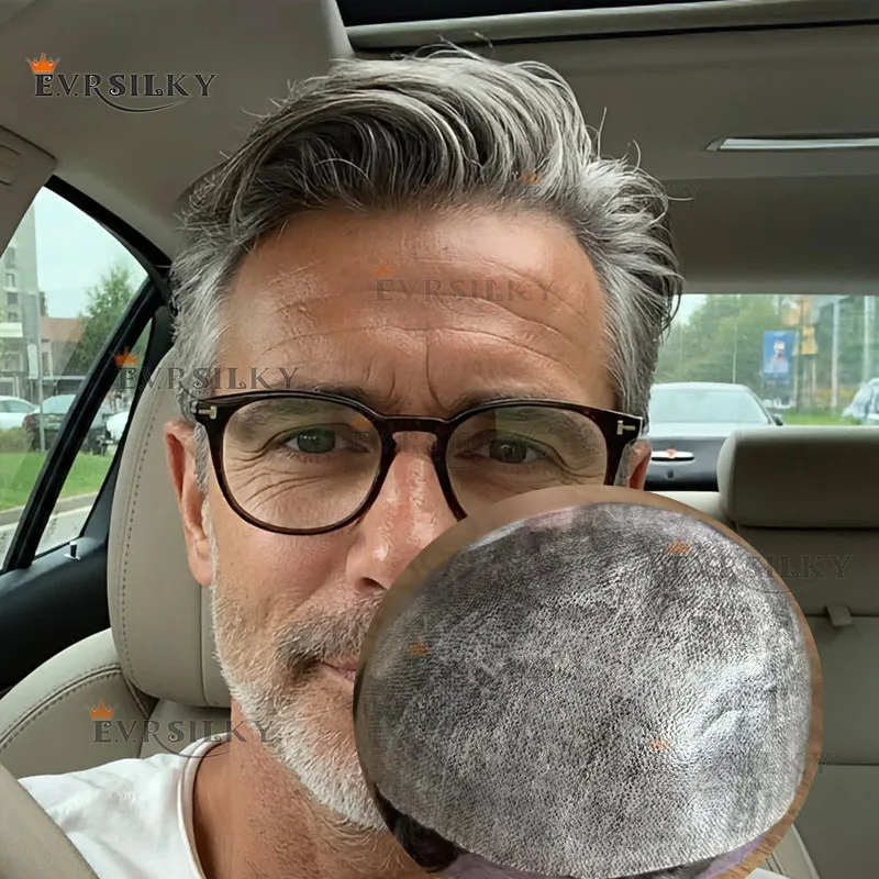 

Black Grey 1B65 1B80 Men's 0.1mm Poly Skin PU Relistic Toupee Human Hair Super Durable Natural Hairline Old Man's Wig Prosthesis