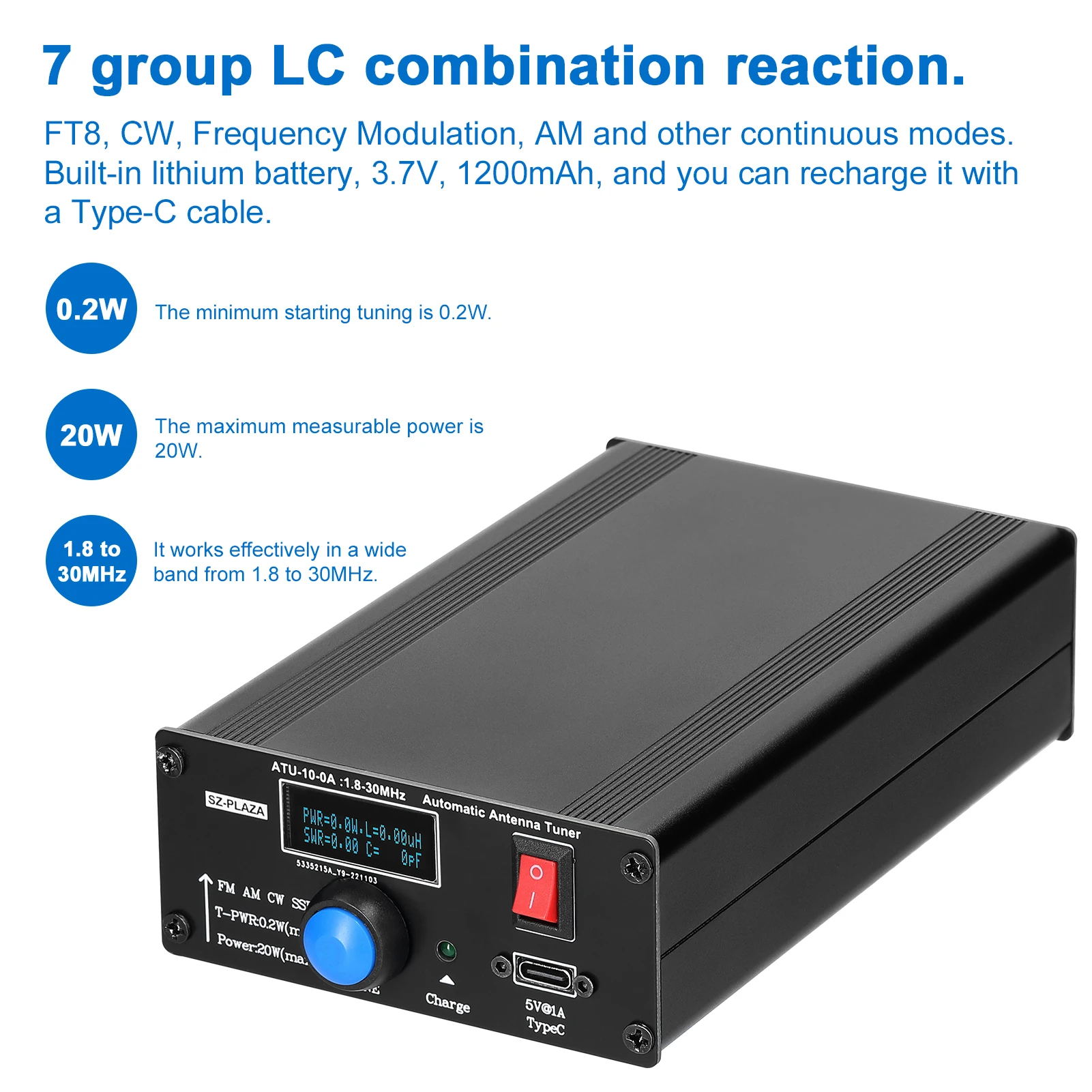 20W ATU-10-0A Shortwave Automatic Antenna Tuner 1.8-30MHz Aluminum Alloy Housing Shortwave Power Meter Standing Waves Meter
