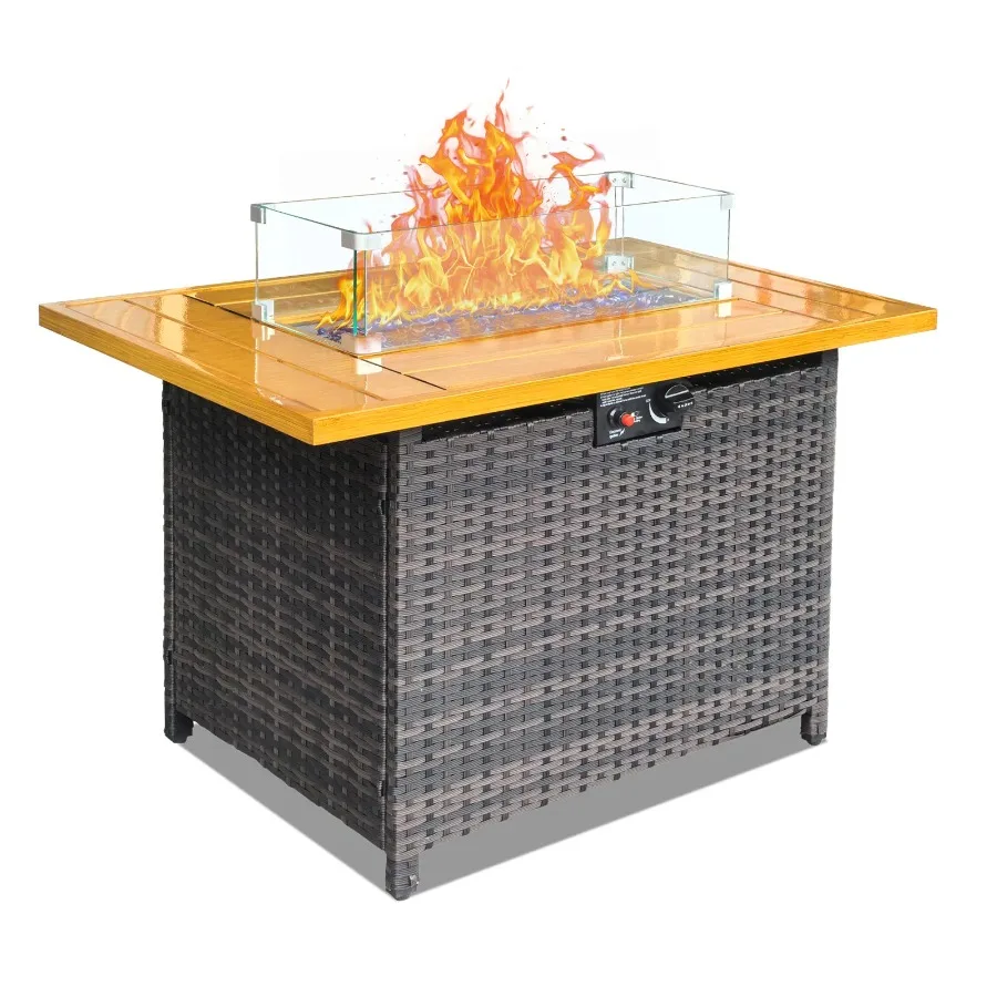 

50 000 BTU Propane Gas Fire Table Fire Pit with Lid Glass Wind Guard Wicker Base for Outdoor Garden Patio Backyard