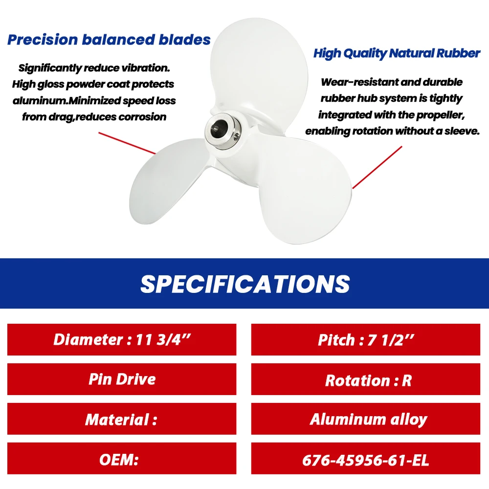 For Yamaha Outboard Propeller 11 3/4 x 7 1/2 Pin Drive Aluminum Alloy Screw 3 Blade for 40HP Boat Motors 676-45956-61-EL