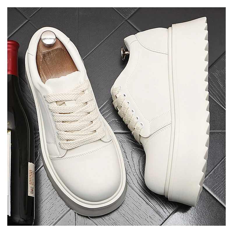 England style mens fashion stage nightclub high platform shoes lace-up natural leather derby shoe black white sneakers footwear