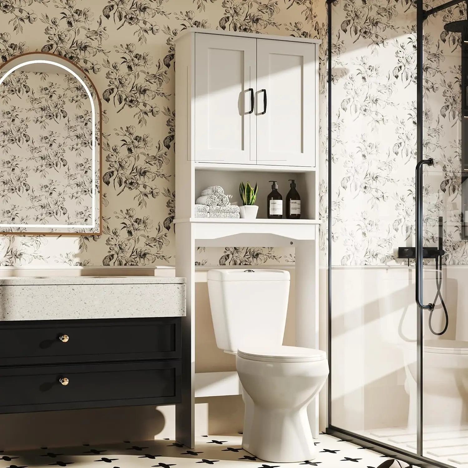 

Over Toilet Storage Cabinet Adjustable Shelf Double Door Bathroom Organizer Space Saving Restroom Laundry, Customized