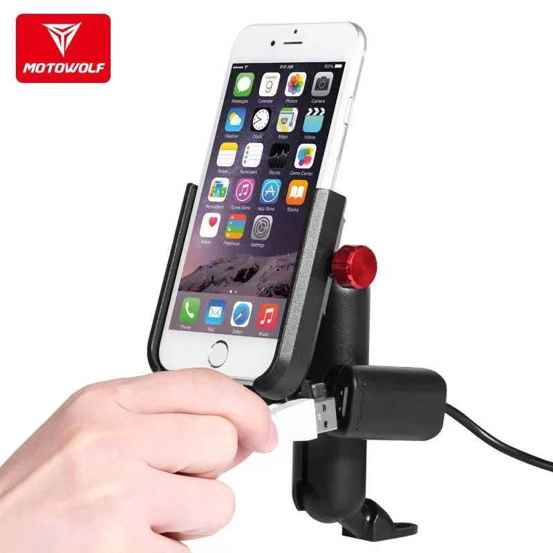 Motowolf Universal Motorcycle Rearview Mirror Cell Phone Holder Charger Handlebar Aluminum Phone Stand GPS With USB Charging