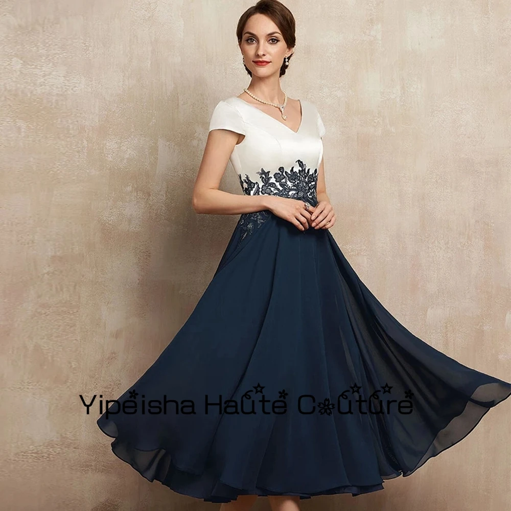 Yipeisha Dark Navy Chiffon abiti da festa di nozze senza spalline manica corta madre di abiti da sposa lunghezza del tè abiti da ballo 2023 estate