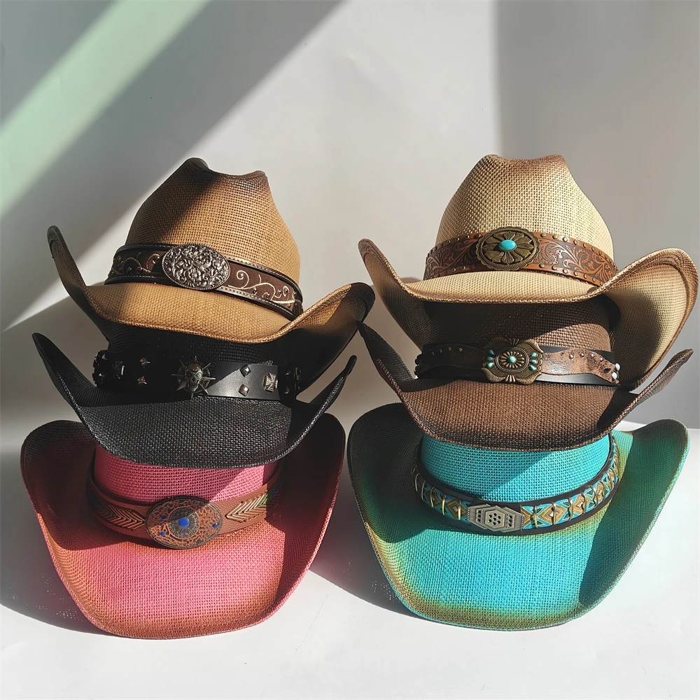Gradient Western Straw Hat for Men's Women‘s Curled Edge Vintage Western Cowboy Hat Summer Beach Sun Hat Sombrero Hombre