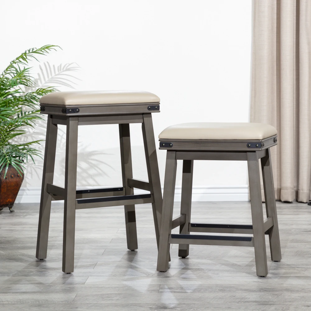 Tabouret de comptoir de 24 po, finition gris patiné, siège en cuir gris français