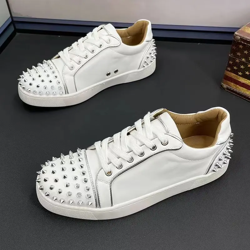 

men luxury fashion rivets shoes stage nightclub dress lace-up studded shoe original leather flats spikes sneakers youth footwear