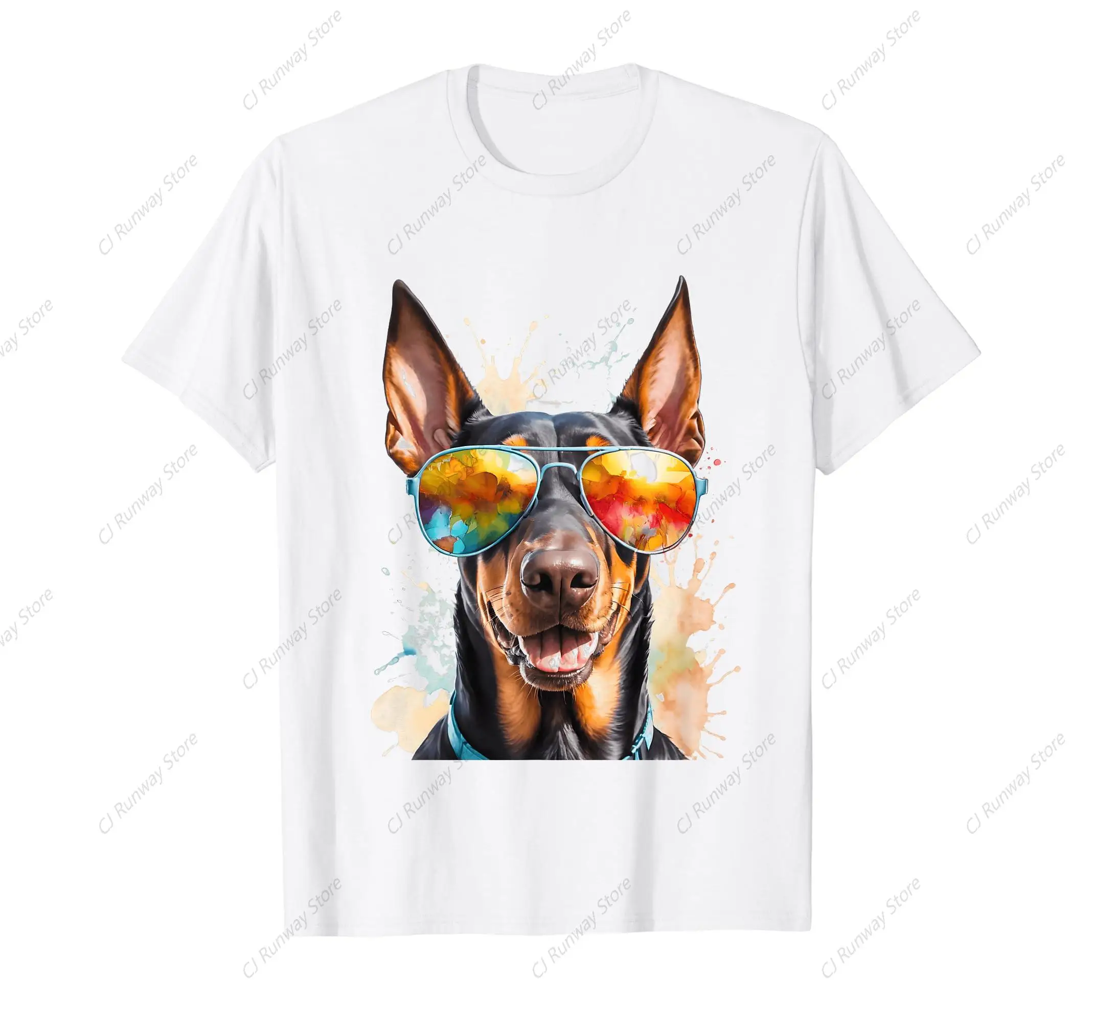 Happy Doberman Sunglasses Dog Funny Animal Art Print Graphic T-Shirt