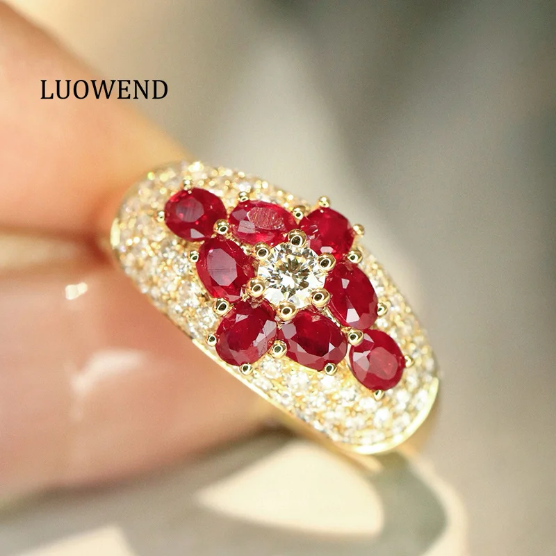 LUOWEND 100% 18K Yellow Gold Rings Luxury Diamond Elegant Shiny Style Natural Ruby Gemstone Ring for Women High Party Jewelry