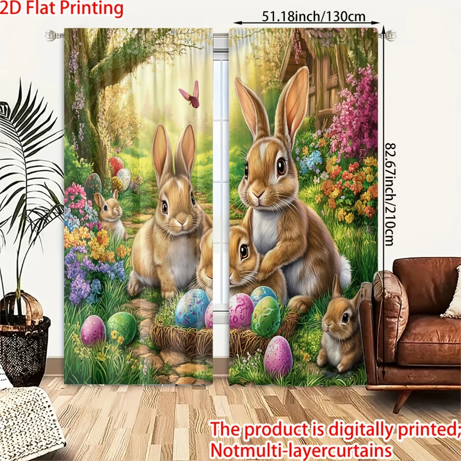 2PCS Digital Print Curtains, Spring Bunny Rabbit Family, Cute Easter Holiday Decor Adorable Animal Kids Nursery Room Drapes