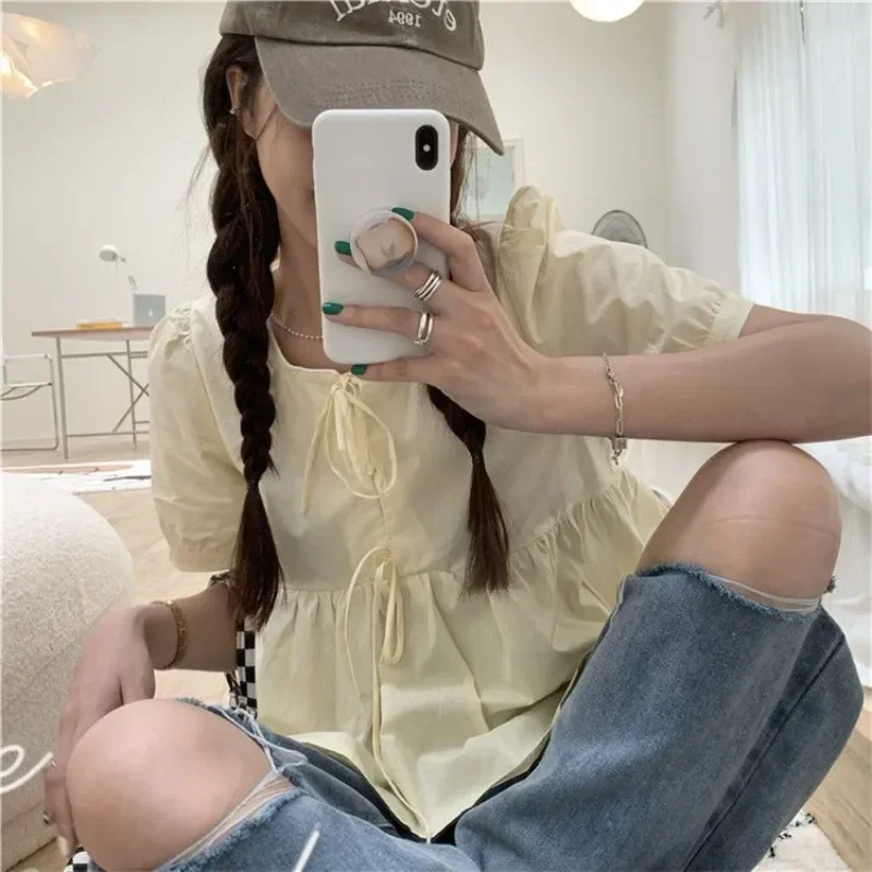 Ruffles Shirts and Blouses Korea Short Sleeve Top Women 2024 Summer Lace-up Sweet Blouses Cute Elegant Solid Sweet Folds Clothes