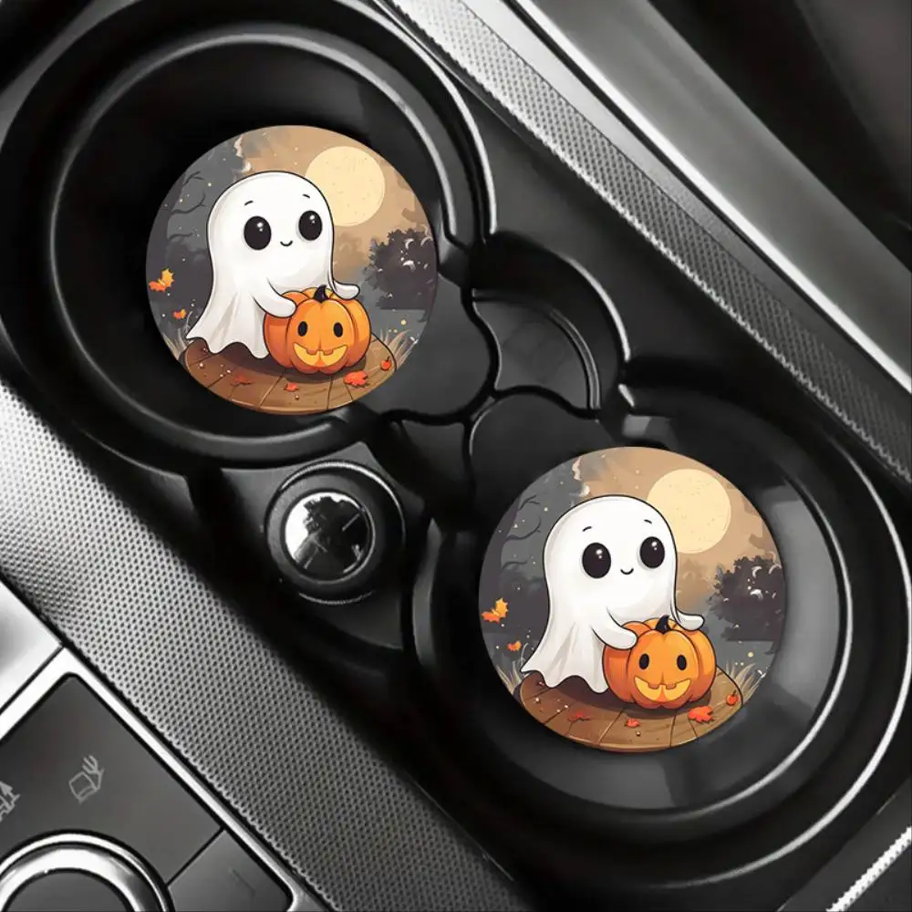 Halloween Pumpkin EVA Car Coasters Round Mats For Desk & Cup Holder Holiday Party Gift