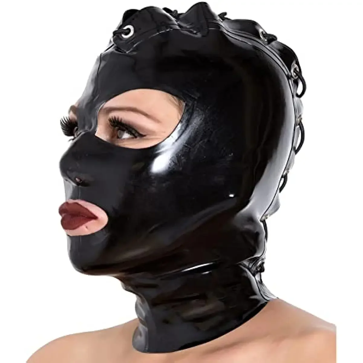 

Latex Hood Mask Women Rubber Full Face Mask Black Lace up fastening Party Latex Mask