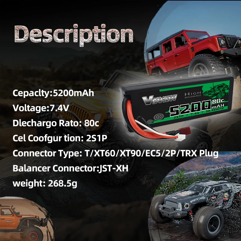 Batería Lipo 2S VSVAW 7,4V con enchufe T para vehículos RC - imagen 5